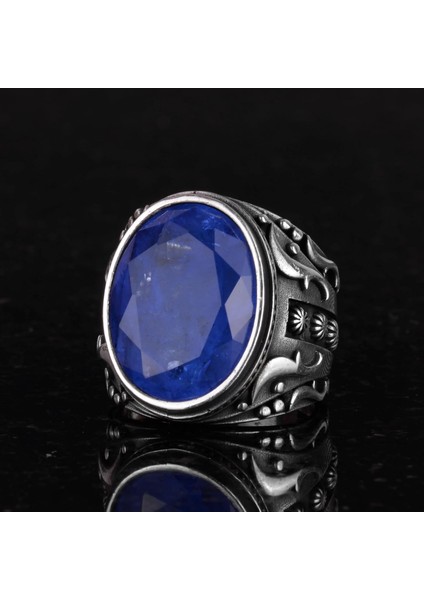 925 Ayar Gümüş Yüzük, Tasarım Gümüş Erkek Yüzüğü (Lacivert Paraiba Yapay Taş) indirimleri