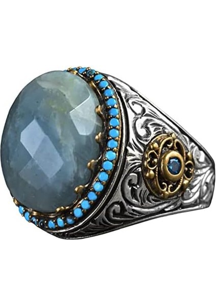 Doğal Akvamarin Taş Yüzük, El Yapımı Turkuaz Aksamlar, 925 Ayar Gümüş Erkek Yüzük