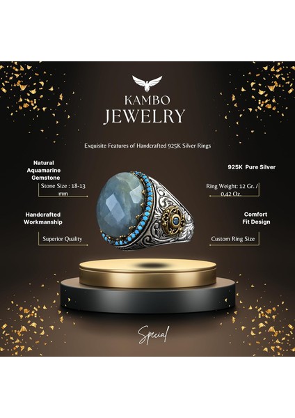 Doğal Akvamarin Taş Yüzük, El Yapımı Turkuaz Aksamlar, 925 Ayar Gümüş Erkek Yüzük fiyatları