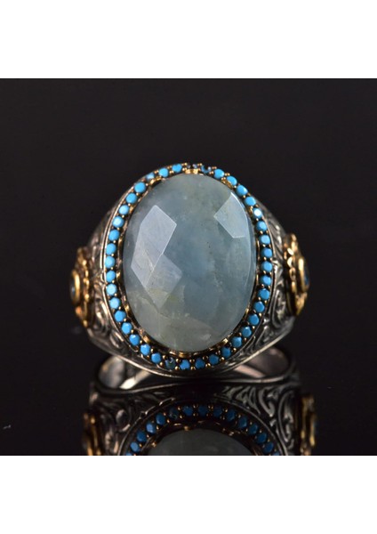 Doğal Akvamarin Taş Yüzük, El Yapımı Turkuaz Aksamlar, 925 Ayar Gümüş Erkek Yüzük modelleri