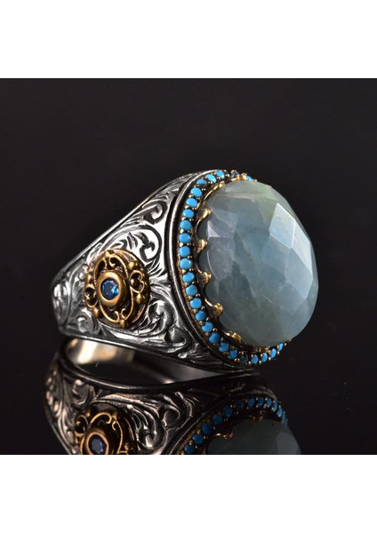 Doğal Akvamarin Taş Yüzük, El Yapımı Turkuaz Aksamlar, 925 Ayar Gümüş Erkek Yüzük fırsatları