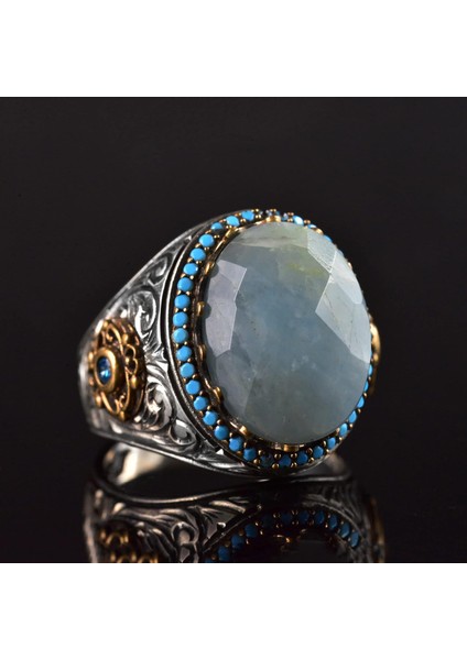 Doğal Akvamarin Taş Yüzük, El Yapımı Turkuaz Aksamlar, 925 Ayar Gümüş Erkek Yüzük indirimleri