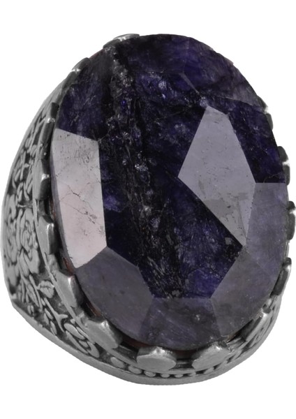 925 Ayar Gümüş Yüzük - Gül Desenli Yüzük - Yapay Taş Yüzük - El Yapımı Yüzük (Yapay Safir)