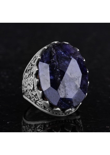 925 Ayar Gümüş Yüzük - Gül Desenli Yüzük - Yapay Taş Yüzük - El Yapımı Yüzük (Yapay Safir) indirimleri