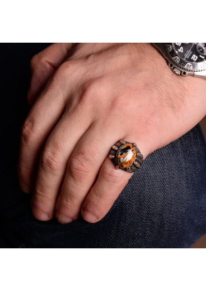 Doğal Pietersite Taş Yüzük, Pençe Yüzük, El Yapımı Erkek Yüzük, 925 Ayar Gümüş Yüzük fırsatları