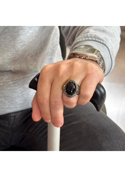 925K Katı Gümüş Erkek Yüzük Doğal Taşlarla - El Yapımı Şıklık (Oniks Taşı) modelleri