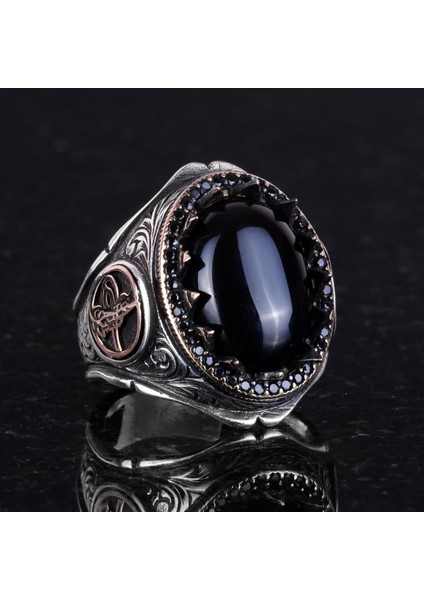 925K Katı Gümüş Erkek Yüzük Doğal Taşlarla - El Yapımı Şıklık (Oniks Taşı) fırsatları