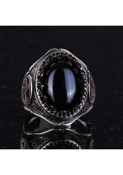 925K Katı Gümüş Erkek Yüzük Doğal Taşlarla - El Yapımı Şıklık (Oniks Taşı) indirimleri