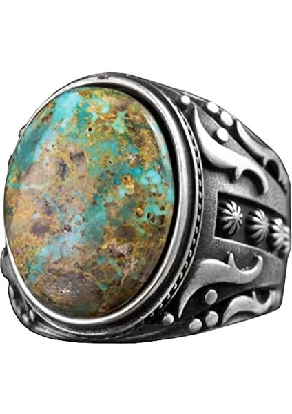 925 Ayar Gümüş Erkek Yüzük - Doğal Arizona Turkuaz Taşı - Vintage Tasarım El Yapımı Takı (Model-3)