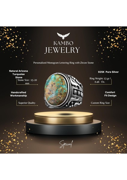 925 Ayar Gümüş Erkek Yüzük - Doğal Arizona Turkuaz Taşı - Vintage Tasarım El Yapımı Takı (Model-3) fiyatları