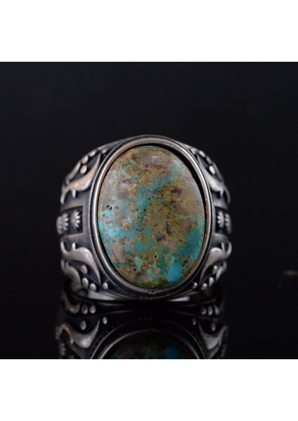 925 Ayar Gümüş Erkek Yüzük - Doğal Arizona Turkuaz Taşı - Vintage Tasarım El Yapımı Takı (Model-3) modelleri