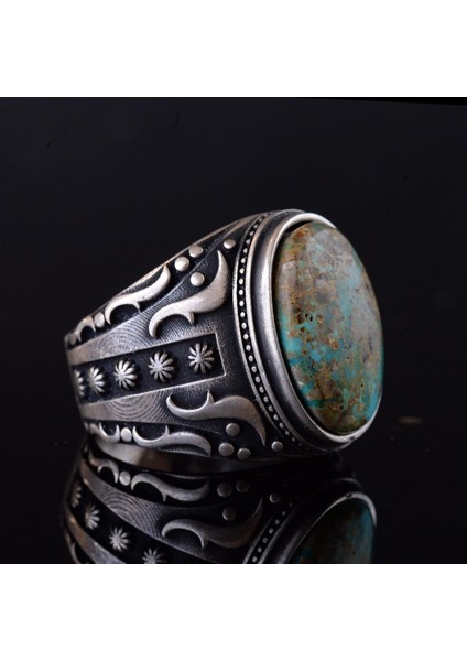 925 Ayar Gümüş Erkek Yüzük - Doğal Arizona Turkuaz Taşı - Vintage Tasarım El Yapımı Takı (Model-3) fırsatları