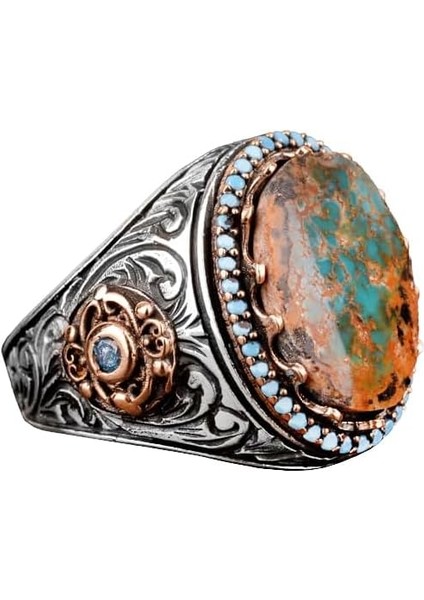 Erkekler Için El Yapımı Doğal Arizona Turkuaz Taşı Yüzük, 925 Ayar Gümüş Yüzük, Sultan Yüzüğü (Model-9)