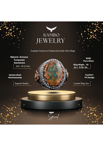 Erkekler Için El Yapımı Doğal Arizona Turkuaz Taşı Yüzük, 925 Ayar Gümüş Yüzük, Sultan Yüzüğü (Model-9) fiyatları