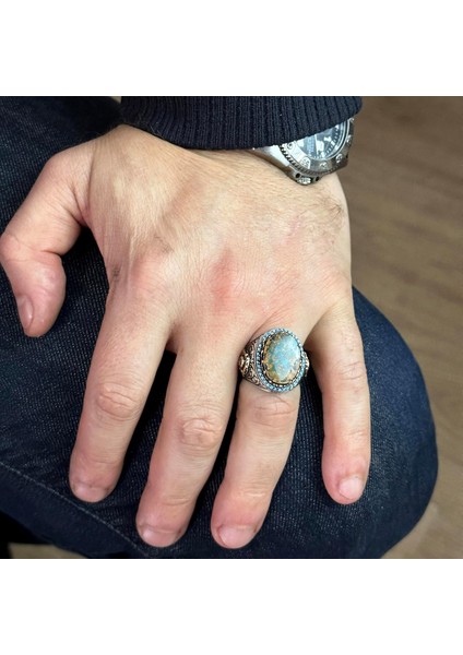 Erkekler Için El Yapımı Doğal Arizona Turkuaz Taşı Yüzük, 925 Ayar Gümüş Yüzük, Sultan Yüzüğü (Model-9) modelleri
