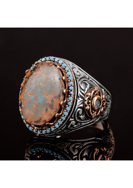 Erkekler Için El Yapımı Doğal Arizona Turkuaz Taşı Yüzük, 925 Ayar Gümüş Yüzük, Sultan Yüzüğü (Model-9) indirimleri