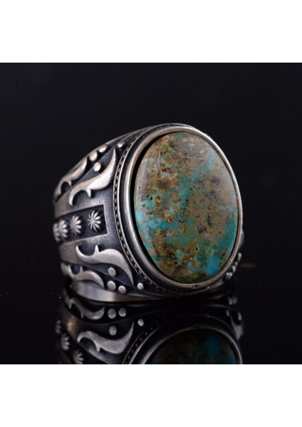 925 Ayar Gümüş Erkek Yüzük - Doğal Arizona Turkuaz Taşı - Vintage Tasarım El Yapımı Takı (Model-3) indirimleri