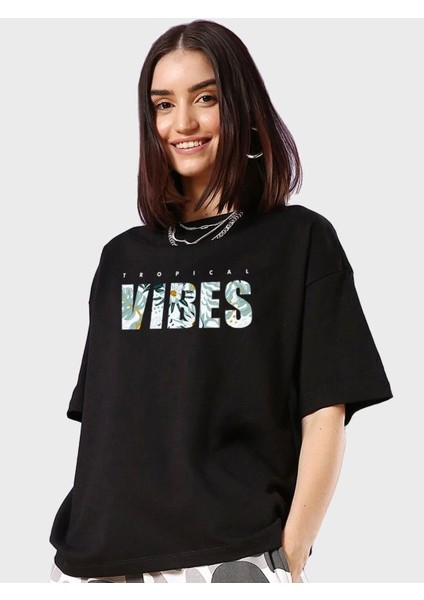 Baskılı Oversize T-Shirt - Siyah