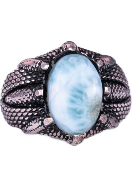925 Ayar Gümüş Erkek Yüzük, Doğal Taşlı, El Yapımı Vintage Tasarım Pençeli Yüzük (Larimar)