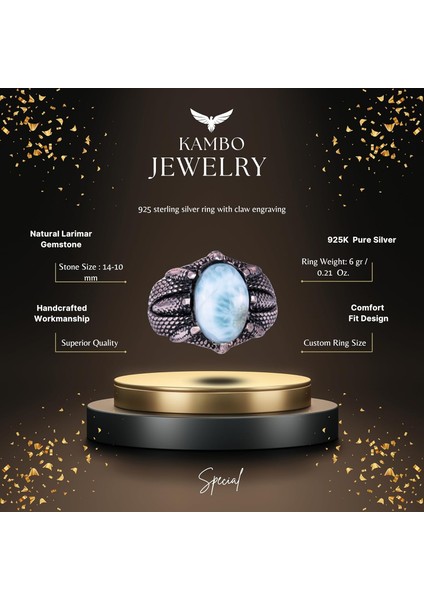 925 Ayar Gümüş Erkek Yüzük, Doğal Taşlı, El Yapımı Vintage Tasarım Pençeli Yüzük (Larimar) fiyatları