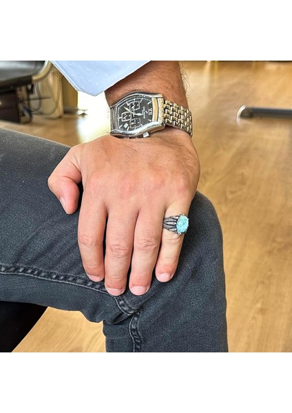 925 Ayar Gümüş Erkek Yüzük, Doğal Taşlı, El Yapımı Vintage Tasarım Pençeli Yüzük (Larimar) modelleri