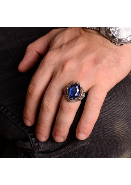 925 Ayar Gümüş Erkek Yüzük, Yapay Mavi Safir, Vintage Tarzı Türk Tasarımı modelleri