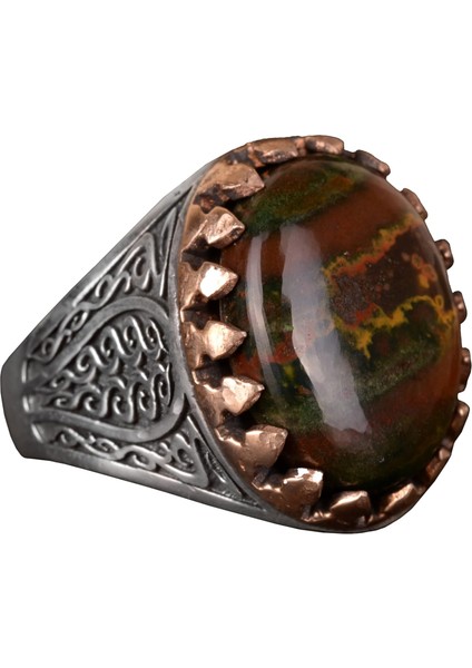 Doğal Kan Taşı Yüzük, Erkek Yüzüğü, 925 Ayar Gümüş Yüzük, Kırmızı