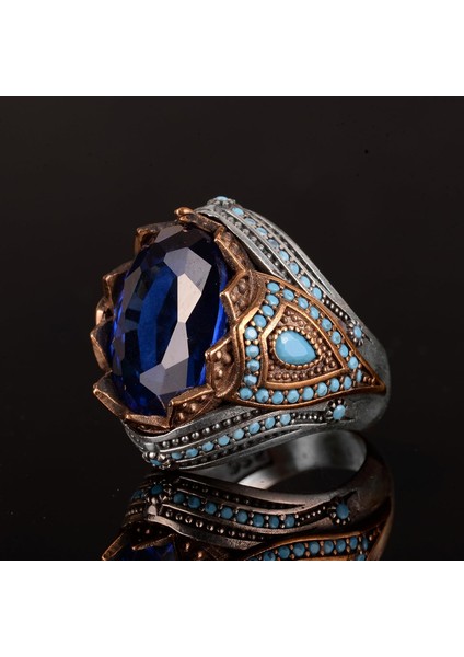 925 Ayar Gümüş Erkek Yüzük, Yapay Mavi Safir, Vintage Tarzı Türk Tasarımı indirimleri