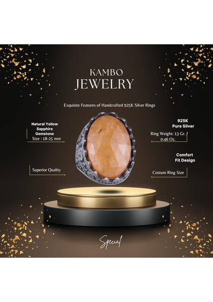 Doğal Taş Yüzük - Gül Desenli Yüzük - 925 Ayar Gümüş Yüzük - El Yapımı Büyük Yüzük (Sarı Safir) fiyatları