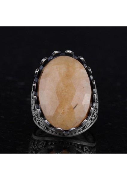 Doğal Taş Yüzük - Gül Desenli Yüzük - 925 Ayar Gümüş Yüzük - El Yapımı Büyük Yüzük (Sarı Safir) modelleri