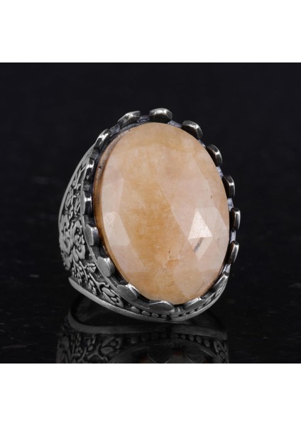 Doğal Taş Yüzük - Gül Desenli Yüzük - 925 Ayar Gümüş Yüzük - El Yapımı Büyük Yüzük (Sarı Safir) fırsatları