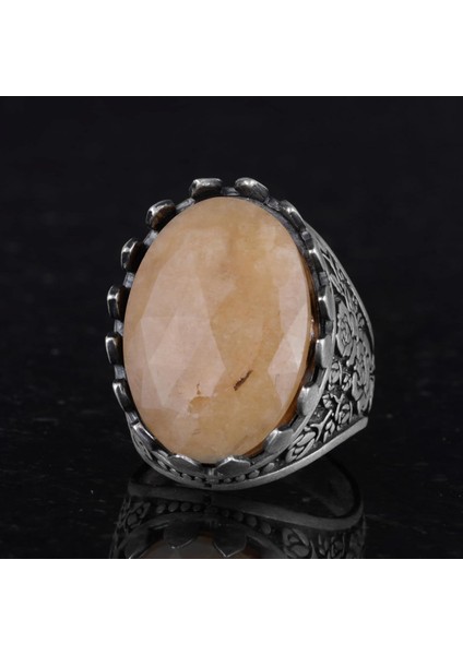 Doğal Taş Yüzük - Gül Desenli Yüzük - 925 Ayar Gümüş Yüzük - El Yapımı Büyük Yüzük (Sarı Safir) indirimleri