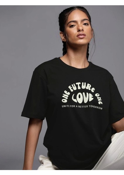 Baskılı Oversize T-Shirt - Siyah