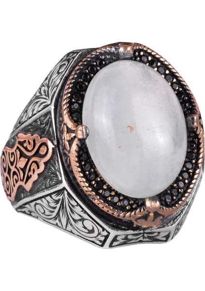 El Yapımı Cabochon Ay Taşı Yüzük - Sakin 925K Katı Gümüş Erkek Yüzüğü, Şeffaflık ve Sakin Tasarım