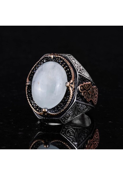 El Yapımı Cabochon Ay Taşı Yüzük - Sakin 925K Katı Gümüş Erkek Yüzüğü, Şeffaflık ve Sakin Tasarım fırsatları