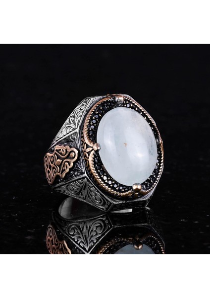 El Yapımı Cabochon Ay Taşı Yüzük - Sakin 925K Katı Gümüş Erkek Yüzüğü, Şeffaflık ve Sakin Tasarım indirimleri