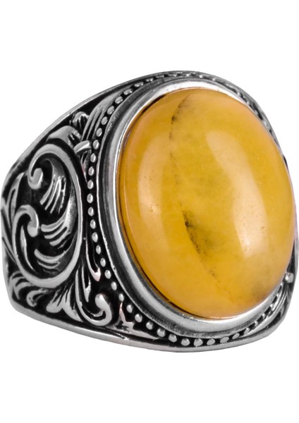 925 Ayar Katı Gümüş Yüzük - Doğal Sarı Akik Taşlı Yüzük, Tasarım Gümüş Erkek Yüzüğü