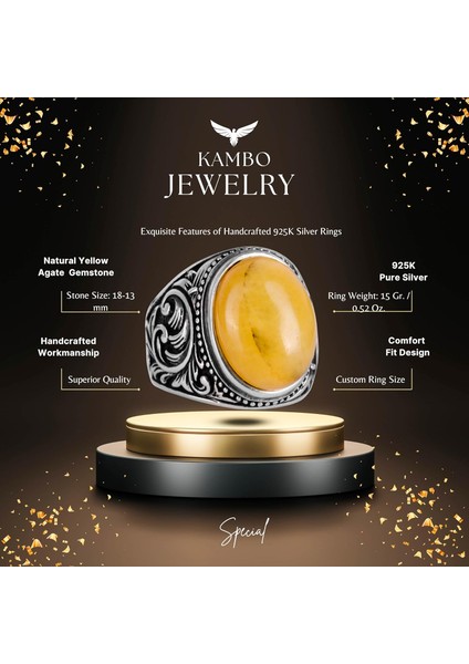 925 Ayar Katı Gümüş Yüzük - Doğal Sarı Akik Taşlı Yüzük, Tasarım Gümüş Erkek Yüzüğü fiyatları