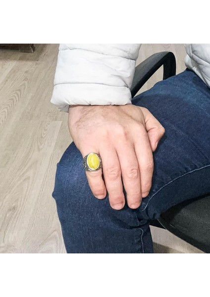 925 Ayar Katı Gümüş Yüzük - Doğal Sarı Akik Taşlı Yüzük, Tasarım Gümüş Erkek Yüzüğü modelleri