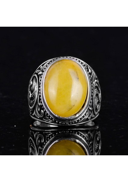 925 Ayar Katı Gümüş Yüzük - Doğal Sarı Akik Taşlı Yüzük, Tasarım Gümüş Erkek Yüzüğü fırsatları