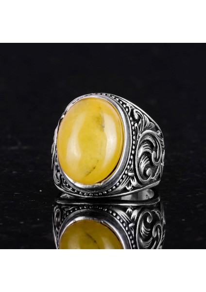 925 Ayar Katı Gümüş Yüzük - Doğal Sarı Akik Taşlı Yüzük, Tasarım Gümüş Erkek Yüzüğü indirimleri