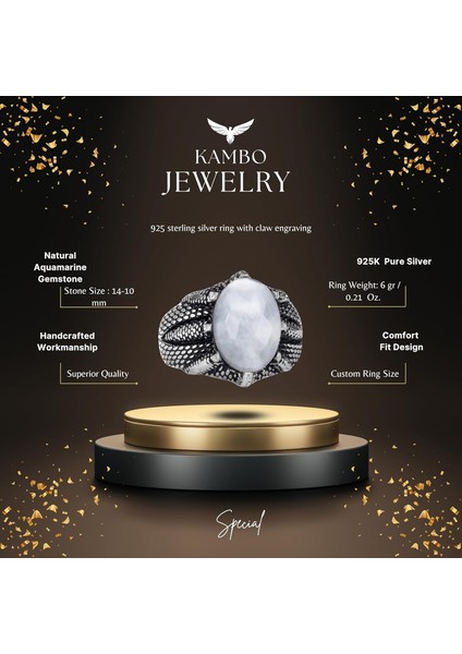 Doğal Akuamarin Taşlı Sterlin Gümüş Pençe Yüzük - Balık Burcu Için El Yapımı Yüzük, Sakinlik ve Spiritüel Farkındalık fiyatları