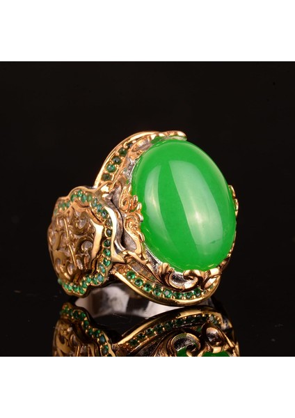 Doğal Taş Yüzük, Gümüş Kral - Altın Kaplama (Jade) indirimleri