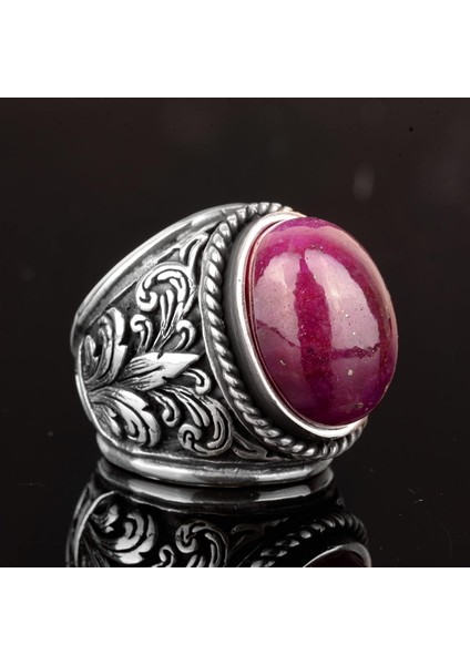 Doğal Cabochon Yakut Taşlı Yakut Yüzük, Gümüş Erkek Yüzük Pembe indirimleri
