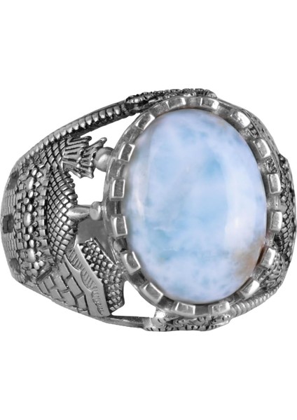 Doğal Larimar Taşı Yüzük, 925 Ayar Katı Gümüş Erkek Yüzük, Okyanus Sakinliği Tasarımı