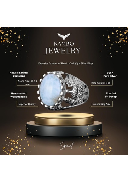 Doğal Larimar Taşı Yüzük, 925 Ayar Katı Gümüş Erkek Yüzük, Okyanus Sakinliği Tasarımı fiyatları