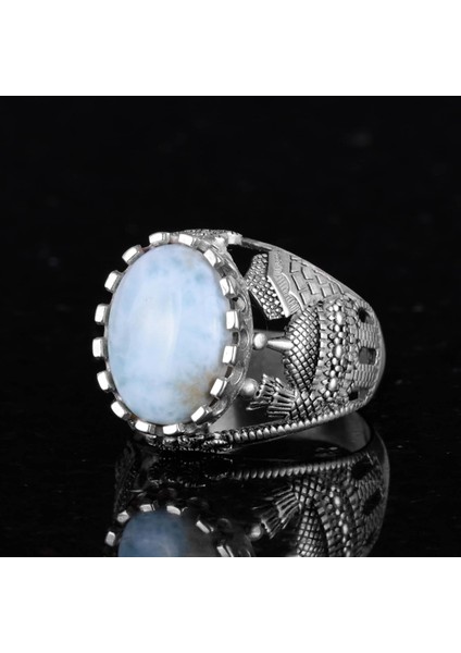 Doğal Larimar Taşı Yüzük, 925 Ayar Katı Gümüş Erkek Yüzük, Okyanus Sakinliği Tasarımı fırsatları