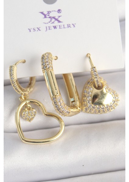 Pirinç Gold Renk Zirkon Taşlı Sallantı Kalp Model 3'lü Kadın Kombin Küpe