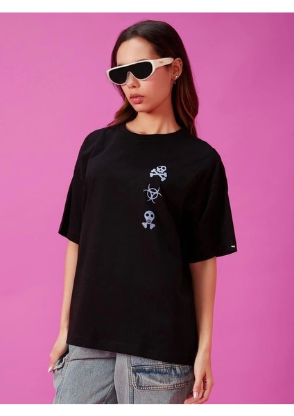 Baskılı Oversize T-Shirt - Siyah