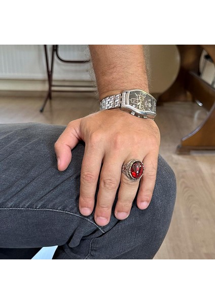 Yapay Taş Yüzük - El Yapımı Erkek Yüzüğü - Şık 925 Ayar Gümüş Erkek Takısı (Yapılmış Cabochon Garnet) modelleri
